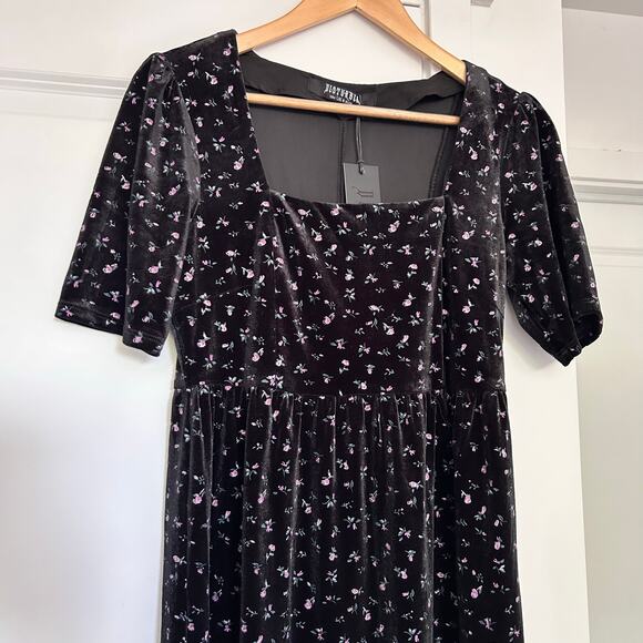 NWT Disturbia Woe Floral Midi Dress Velvet Womens 4 Black Square Neck Whimsigoth - Picture 5 of 12